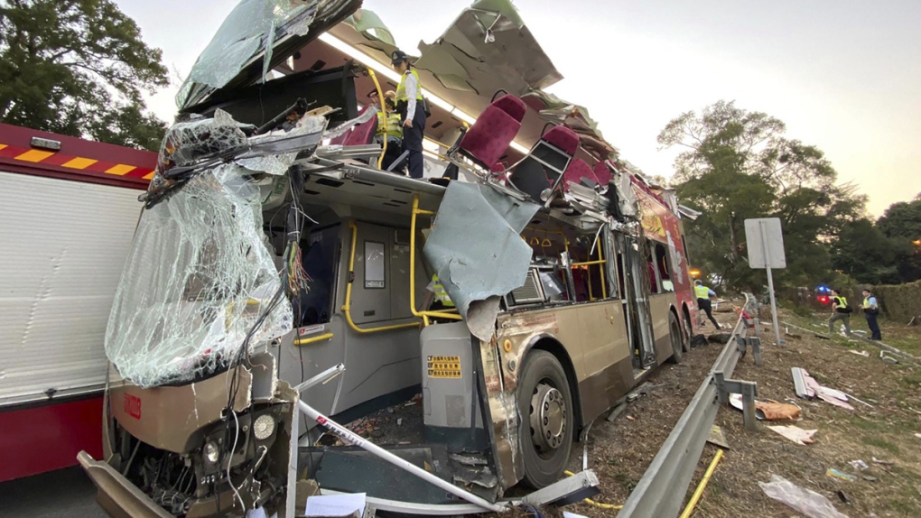 The double-decker bus after crashing