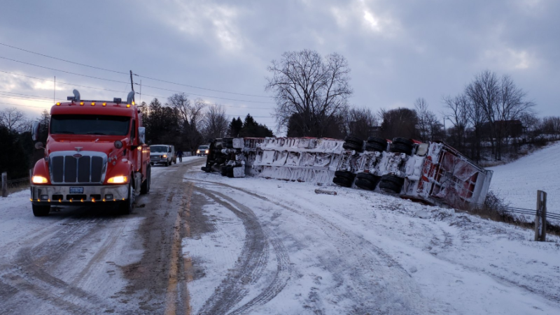 A transport truck carrying chickens rolled in Huron County, Ont. on Wednesday, Dec 18, 2019. (Source: OPP) 