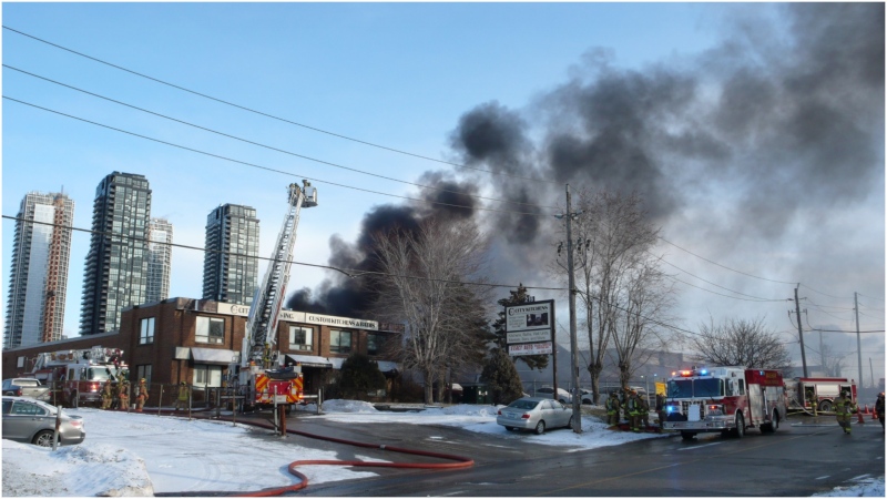 A two-alarm fire broke out at an auto-repair shop in Vaughan Wednesday morning. (CTV News Toronto)
