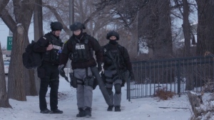 A picture from video shared by the Winnipeg Police Service showing a number of raids that took place in Winnipeg, rural Manitoba and Ontario as a part of Project Highland. (Source: Winnipeg Police Service)