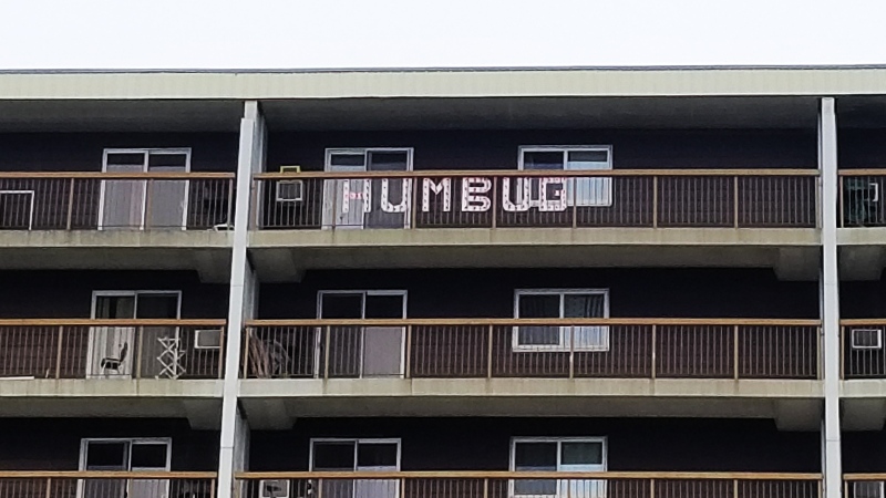 The 'Humbug' sign on a Polo Park area apartment block has become a tell-tale signal of Christmas in Winnipeg for years. (Source: Dan Timmerman/ CTV News Winnipeg)