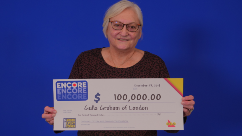 Gulla Graham of London won $100,000 with Encore in the Wednesday, Dec. 18, 2019 Ontario 49 draw.
(Source: OLG)