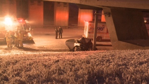 A man was seriously injured after a car crashed into a support beam on Ring Road near the Winnipeg St. overpass. 
