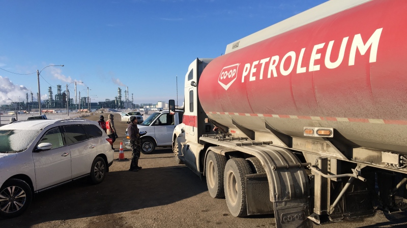 A Co-op petroleum truck being held up by picketers at the Co-op Refinery Complex in Regina. (Gareth Dillistone/CTV News)