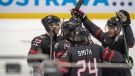 Canada's Dylan Cozens (22), Jared McIssac (14) Liam Foudy (8), Ty Smith (24) and Joe Veleno (9) celebrate their seventh goal against the Czech Republic's during third period action at the World Junior Hockey Championships. THE CANADIAN PRESS/Ryan Remiorz