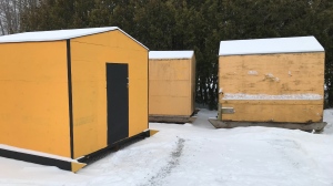 The ice huts are ready to go out on the ice, but the ice isn't ready for the huts. Jan. 6, 2020. (Rob Cooper/CTV News)