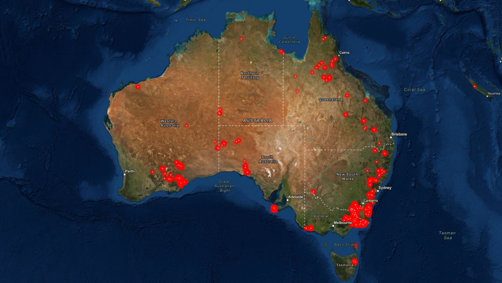 Thermal satellite image of fires in Australia