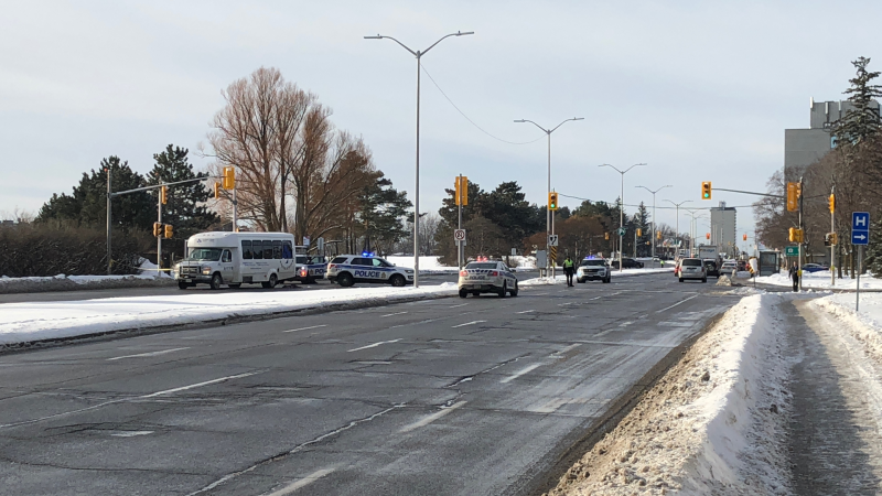 Ottawa Police investigate a crash on Carling Ave. between a vehicle and an elderly woman on Tuesday, Jan. 7, 2020. (Peter Szperling/CTV Ottawa)