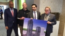 From left, Ahmed Hussen, Minister of Families, Children and Social Development, Jeff Martin, CFO of Old Oak Properties, Peter Fragiskatos, London North Centre MP and London Mayor Ed Holder at an announcement in London, Ont. on Wednesday, Jan. 8, 2020. (Bryan Bicknell / CTV London)