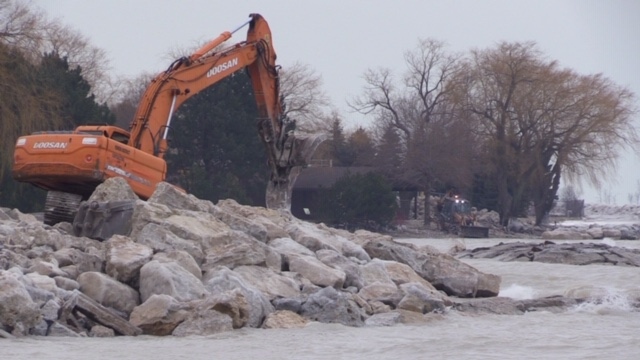 Stones aimed at stopping erosion are placed along the Lake Huron shoreline in Goderich, Ont. on Friday, Jan. 10, 2020. (Scott Miller / CTV London)