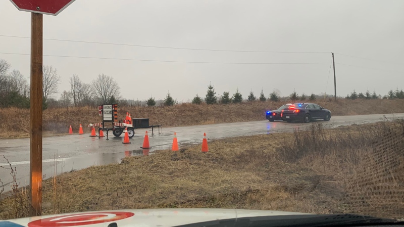 Police shut down part of Dalewood Road near St. Thomas, Ont. on Saturday, Jan. 11, 2020 due to a collision involving a cruiser.
(Taylor Choma / CTV London) 