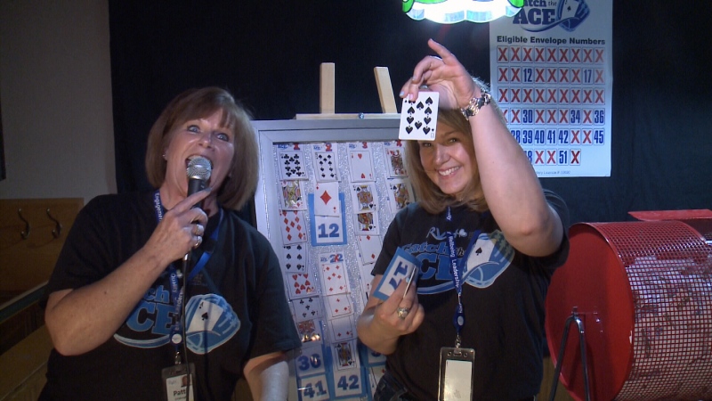 Members of the Renfrew Victoria Hospital Foundation team show off the 10 of Spades that was pulled in Thursday's draw of the Catch the Ace lottery. The jackpot for whoever finds the Ace of Spades is now over $675,000. (Aaron Reid/CTV Ottawa, January 16, 2020) 