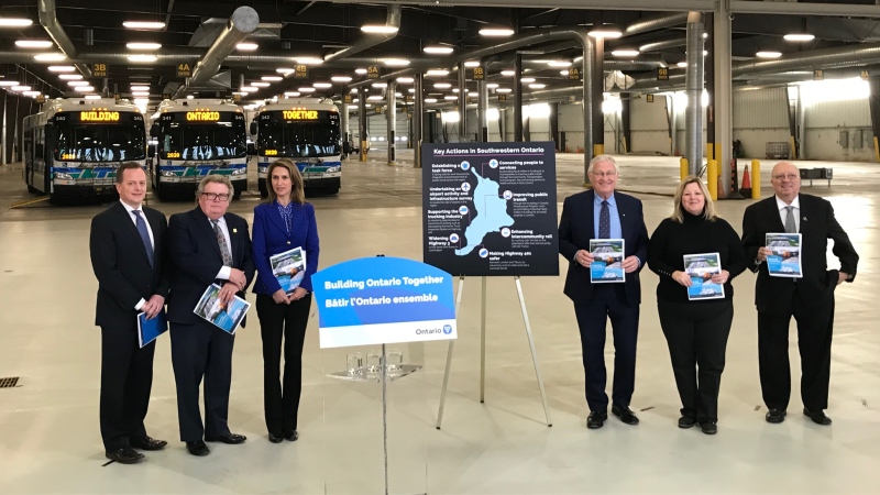 Officials gather for a transportation announcement in London, Ont. on Friday, Jan. 17, 2020. (Sean Irvine / CTV London)