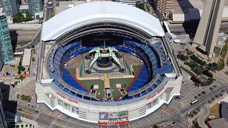 U2's concert set can be seen inside the Rogers Centre, which will have its roof open for the show on Wednesday, Sept. 16, 2009. (Tom Podolec / CTV News)
