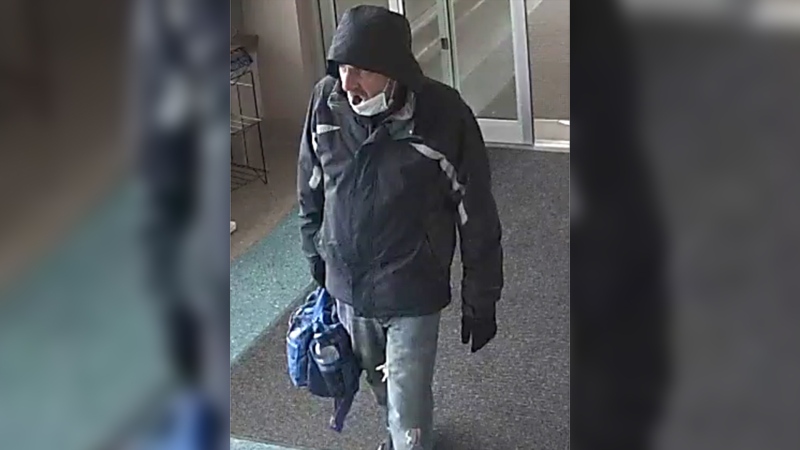 A suspect sought after two purse snatchings is seen in this image released by the Sarnia Police Service.
