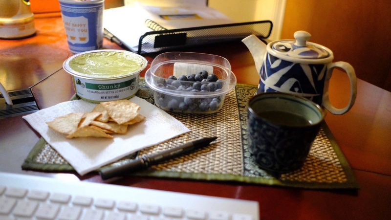 This Jan. 17, 2020 image shows a display of guacamole and chips and blueberries in Allison Park, Pa. (Ted Anthony via AP)