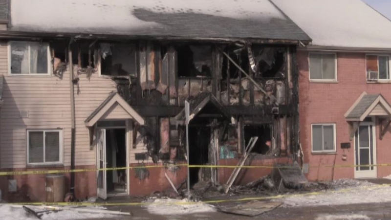 Fire damage to a row of townhouses on Kimberley Avenue in London, Ont. is seen on Wednesday, Jan. 22, 2020. (Gerry Dewan / CTV London) 