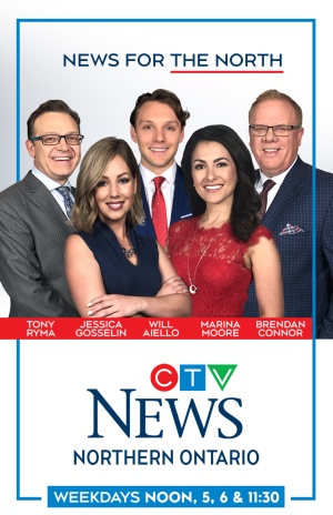 CTV Northern Ontario's anchor team: Tony Ryma, Jessica Gosselin, Will Aiello, Marina Moore, and Brendan Connor