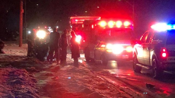 Emergency responders on the scene of a crash were a pedestrian was injured in the 3600 block of Dougall Ave. in Windsor. Jan. 23, 2020 (Photo by AM800's Gord Bacon)