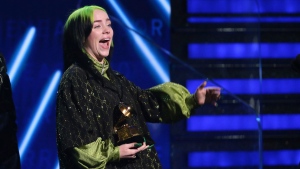 Billie Eilish accepts the award for record of the year for 'Bad Guy' at the 62nd annual Grammy Awards on Sunday, Jan. 26, 2020, in Los Angeles. (Photo by Matt Sayles/Invision/AP)