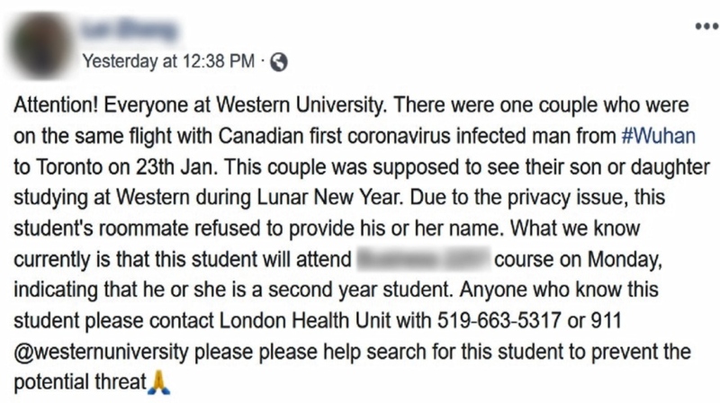 A Facebook post about the coronavirus is believed to have been posted by a Western University student.