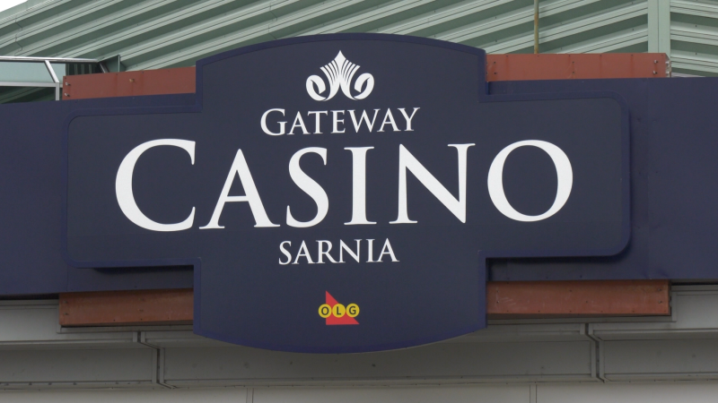 The sign for Gateway Casino Sarnia, the return of slots at Hiawatha Horse Park, is seen on Thursday, Jan. 30, 2020. (Marek Sutherland / CTV London)