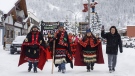Wet'suwet'en Hereditary Chiefs from left, Rob Alfred, John Ridsdale, centre and Antoinette Austin, who oppose the Coastal Gaslink pipeline take part in a rally in Smithers B.C., on Friday January 10, 2020. THE CANADIAN PRESS/Jason Franson