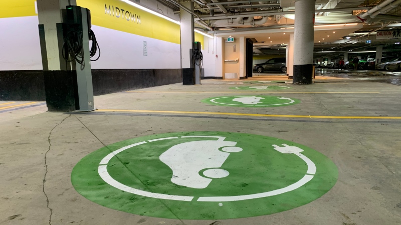 Four electric vehicle (EV) charging stations have been installed in Midtown Plaza’s underground parking lot. (Nicole Di Donato/CTV Saskatoon)
