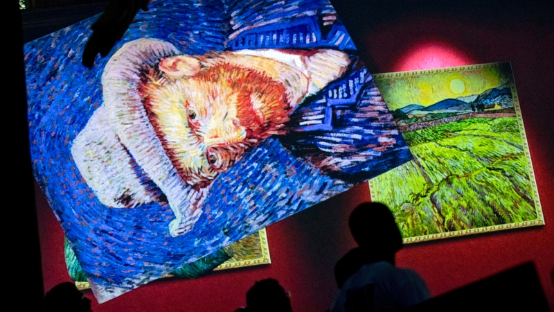 People watch a virtual projection during the "Van Gogh The Immersive Experience" exhibition in Brussels, Friday, Oct. 12, 2018. (AP Photo/Francisco Seco)