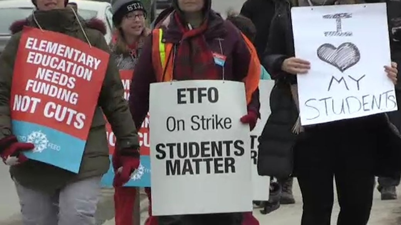 Teachers take part in a one-day strike in St. Thomas, Ont. on Tuesday, Feb. 4, 2020. (Jim Knight / CTV London)