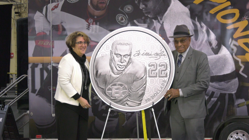 The Royal Canadian Mint unveils 99% pure silver coin featuring NHL trailblazer Willie O'Ree in Ottawa for Black History Month 2020.