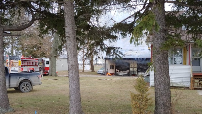 OPP and Leamington firefighters were called to the fire the 500 block of Mersea Road 8 in Leamington, Ont., on Jan. 29, 2020. (Courtesy Andrew Baird / Twitter) 