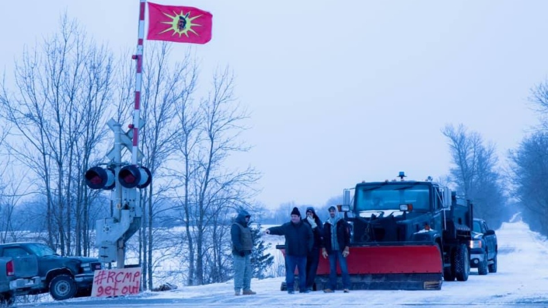 Protesters from Tyendinaga Mohawk Nation block rail tracks near Belleville, Ont., Thurs. Feb. 6, 2020. (Photo courtesy of DelReace Maracle)