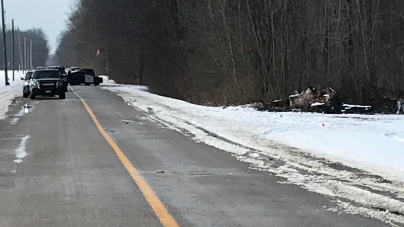 OPP investigate at the scene of a fatal snowmobile crash on Bush Line in Elgin County, Ont. on Monday, Feb. 10, 2020. (Sean Irvine / CTV London)