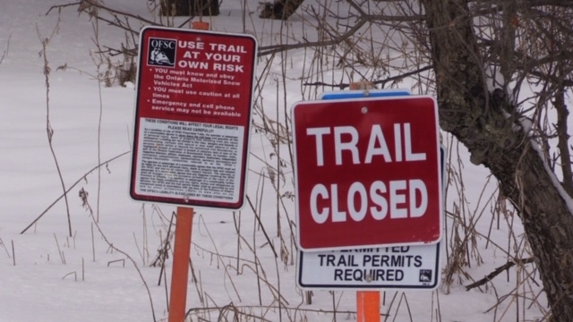 A snowmobile trail near Ethel, Ont. is closed a day after after a fatal collision, Tuesday, Feb. 11, 2020. (Scott Miller / CTV London)