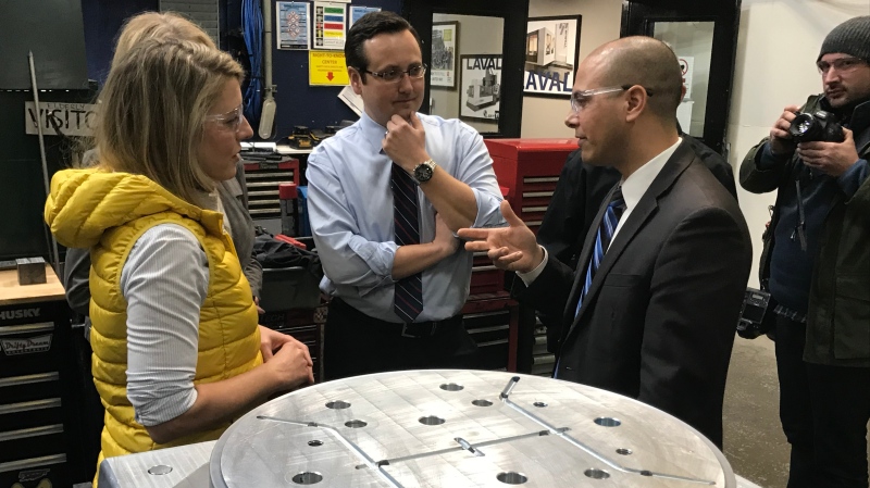 Minister of Economic Development and Official Languages Mélanie Joly and MP Irek Kusmierczyk at Laval Tool in Maidstone, Ont. on Wednesday, Feb. 12, 2020. (Michelle Maluske / CTV Windsor)