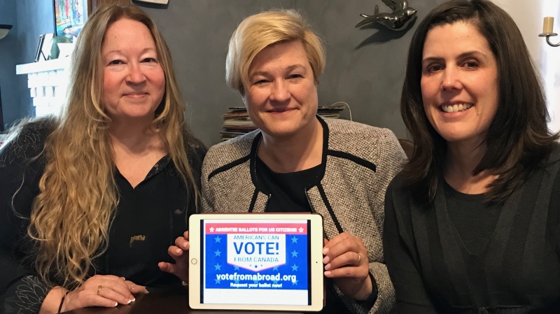 From left, Gena Brumitt, Lisa Conley and Marnelle Dragila of the London, Ont. Chapter of US Democrats Abroad speak on Wednesday, Feb. 12, 2020. (Sean Irvine / CTV London)
