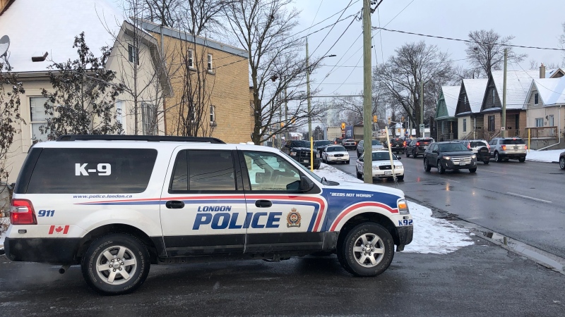 London police including K9 units on scene at Wellington Road and Grand Ave on Friday, Feb. 14, 2020. (CTV London)