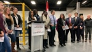 Filomena Tassi makes a funding announcement at Valiant Machine Tool and Mold to support women in skilled trades on Feb. 13, 2020. (Filomena Tassi / Twitter)