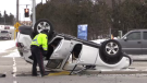 A vehicle ended up on its roof following a two-vehicle crash in Kitchener. (Adam Marsh/CTV Kitchener) (Feb. 15, 2020)