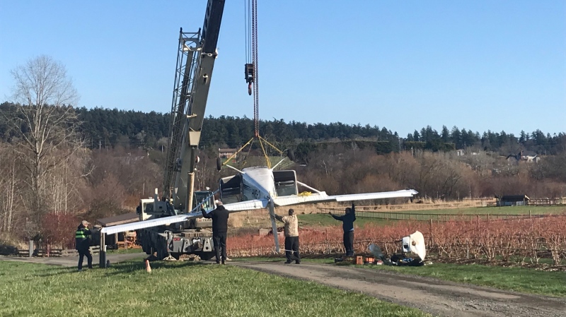 Crews remove the plane wreckage from a farmer's field Tuesday, Feb. 18, 2020. (CTV News)