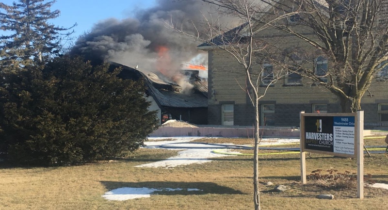 Building attached to Harvesters Baptist Church destroyed by fire.
(Brent Lale / CTV London) 