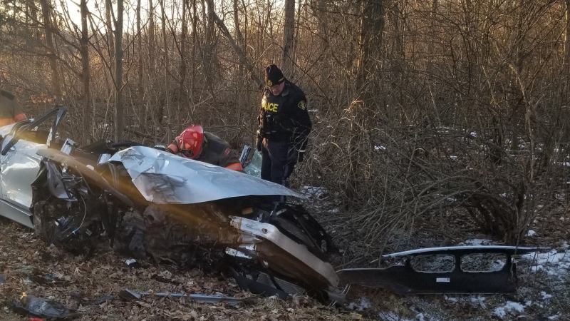 Emergency crews were called to the crash on the 3rd Concession west of Essex County Road 23 in Essex, Ont., on Feb. 21, 2020. (Courtesy OPP)