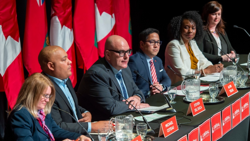 Ontario Liberal Party leadership candidates (left to right) Brenda Hollingsworth, Michael Coteau, Steven Del Duca, Alvin Tedjo, Mitzie Hunter and Kate Graham participate in the final debate in Toronto on Monday, February 24, 2020. THE CANADIAN PRESS/Frank Gunn