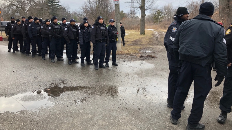 Police arrive at Kipling GO Station where a blockade formed on Feb. 25, 2020. (Tracy Tong/CTV News Toronto)