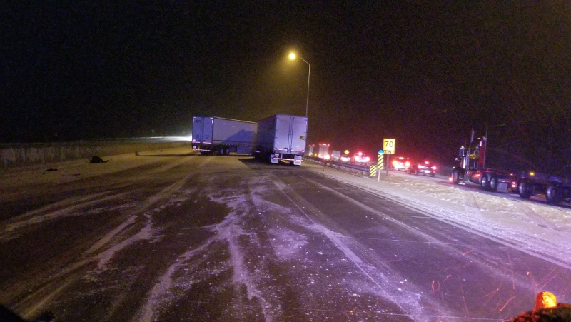 A jackknifed tractor trailer in the westbound lanes west of Tilbury