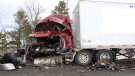 A transport is destroyed following a crash on Highway 401 on Thursday, Feb. 27, 2020. (Courtesy OPP)