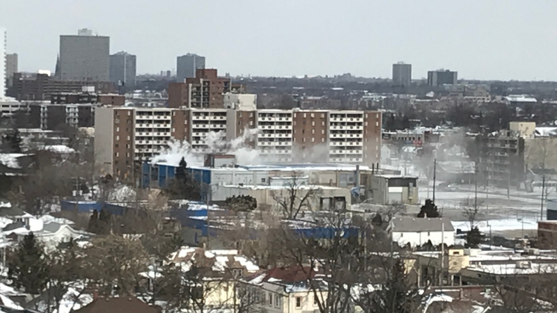 Smoke billows from an old Chromeshield factory in downtown Windsor. Feb. 28, 2020. (CTV News Windsor)