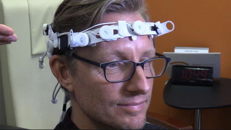 The 'cognalyzer,' a portable EEG being used in a study to test cannabis impairment, is seen in London, Ont. on Friday, Feb. 28, 2020. (Celine Zadorsky / CTV London)