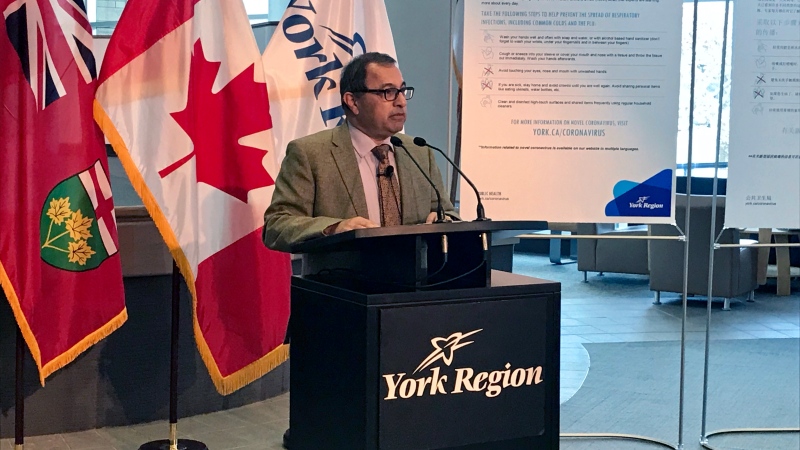 Dr. Karim Kurji, the York Region medical officer of health, spoke to reporters at a news conference Saturday about the first confirmed positive case of COVID-19 in his region.